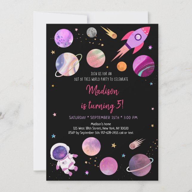 Invitation Anniversaire de l'astronaute spatiale rose (Devant)