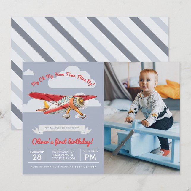 Invitation Anniversaire de l'avion vintage, photo (Devant / Derrière)