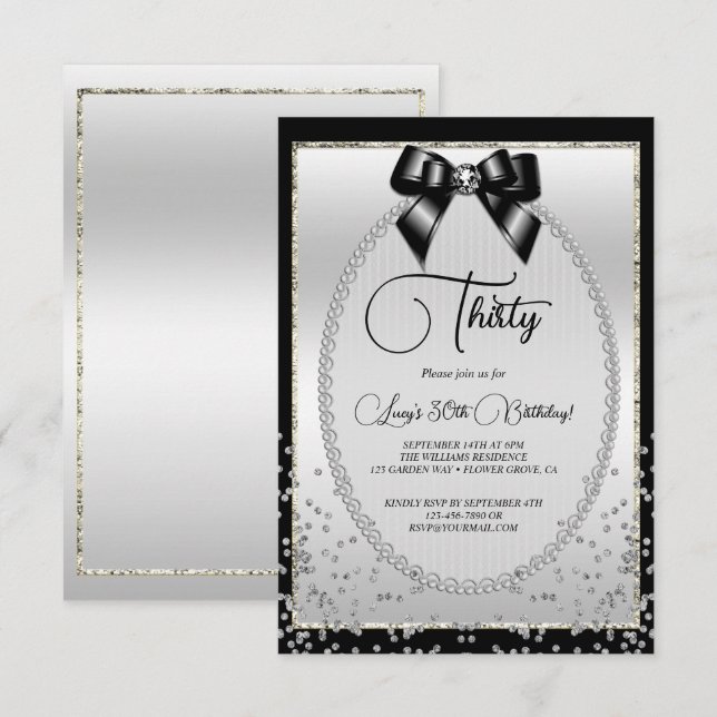 Invitation Anniversaire de l'élégant Black, Argent Gem Bow &  (Devant / Derrière)
