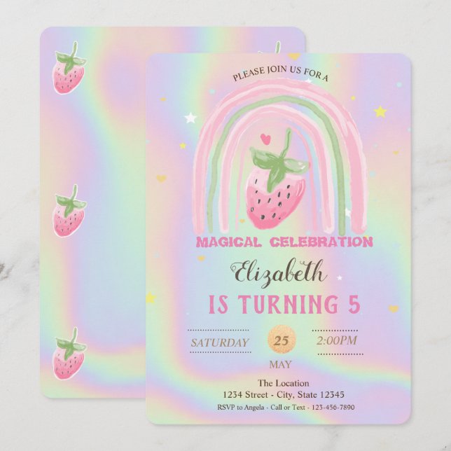 Invitation Anniversaire de l'holographie de fraise arc-en-cie (Devant / Derrière)