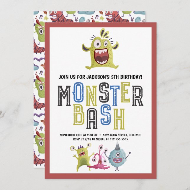 Invitation Anniversaire de Little Monster Bash (Devant / Derrière)