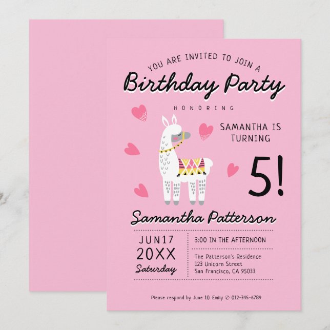 Invitation Anniversaire de Llama (Devant / Derrière)