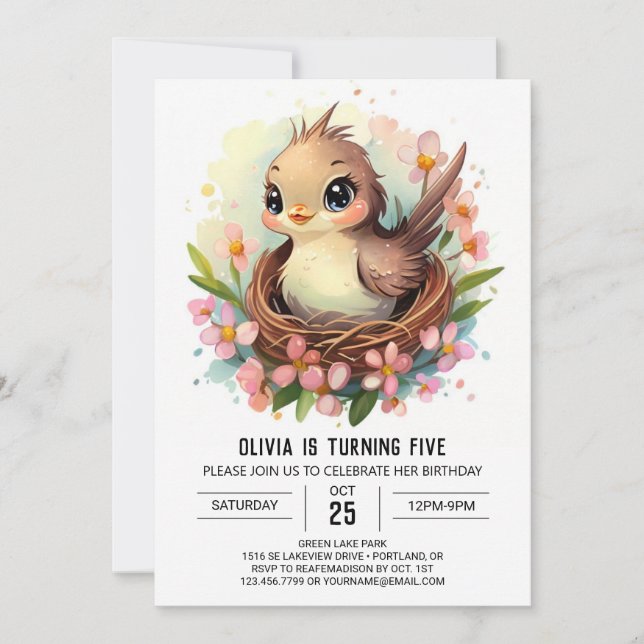 Invitation Anniversaire de l'oiseau-chanteur modifiable (Devant)