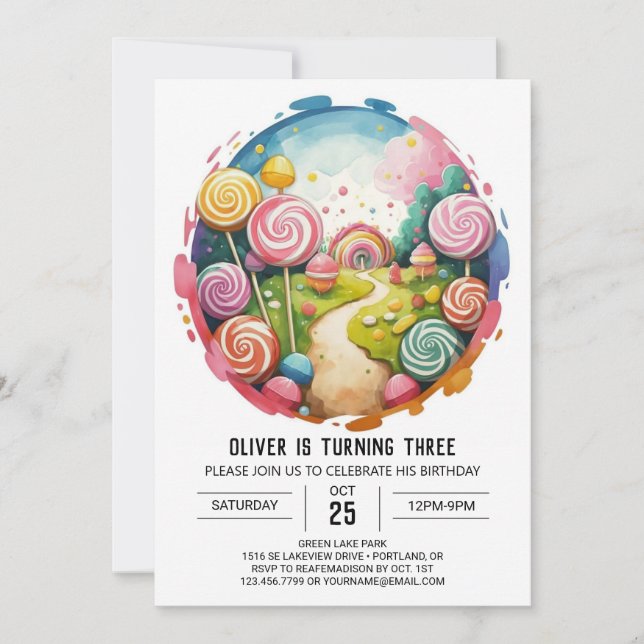 Invitation Anniversaire de Lollipop modifiable arc-en-ciel (Devant)
