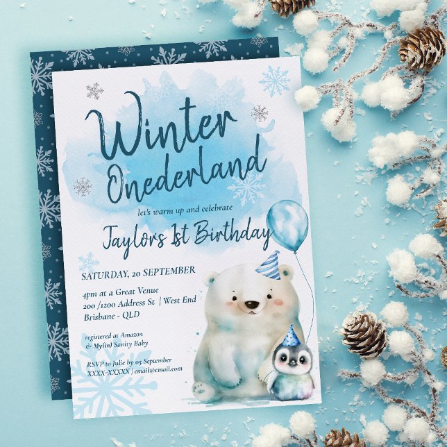 Invitation Anniversaire de l'Onederland d'hiver ( Get ready to turn up the coolness at our Winter Baby Shower with this captivating invitation! )