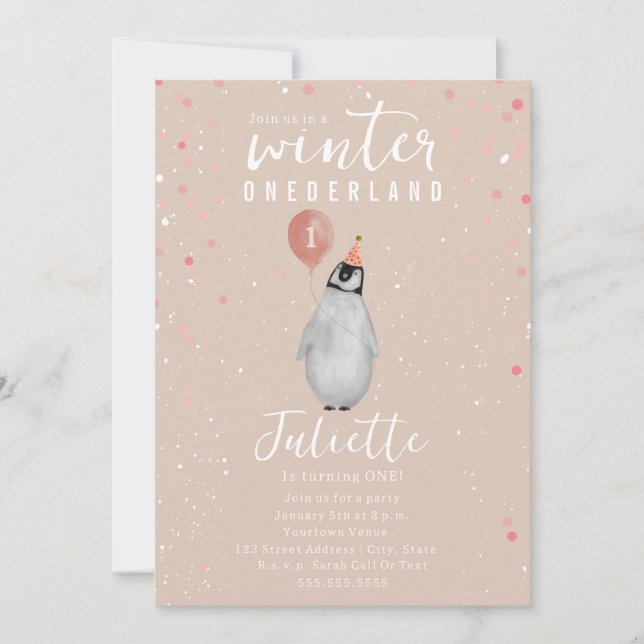 Invitation Anniversaire de l'Onederland Pink Balloon Penguin (Devant)