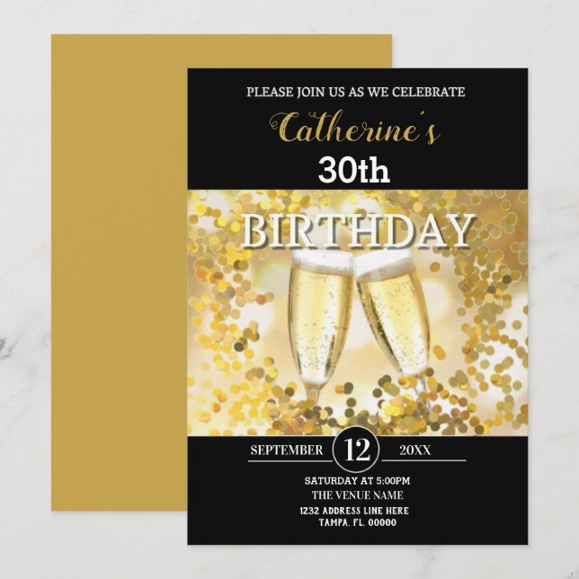 Invitation Anniversaire de l'or et du noir personnalisé (Devant / Derrière)