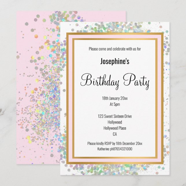 INVITATION ANNIVERSAIRE DE L'OR ROSE HOLOGRAPHIQUE PASTEL ÉLÉ (Devant / Derrière)