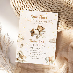 Invitation Anniversaire de l'ours en peluche marron avion Tem