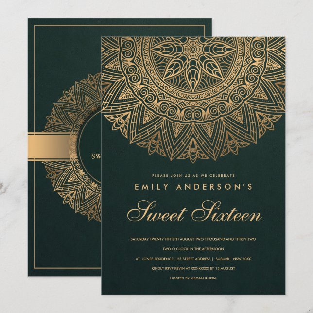 INVITATION ANNIVERSAIRE DE L'SWEET SIXTEEN D'OR ORNATE MANDAL (Devant / Derrière)
