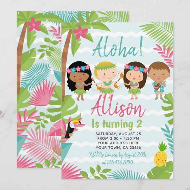 Invitation Anniversaire de Luau Hawaiian (Devant / Derrière)