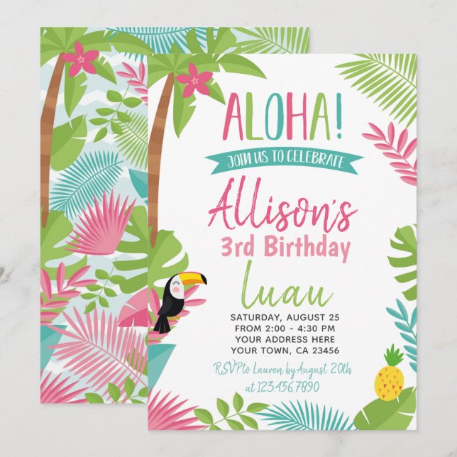 Invitation Anniversaire de Luau Hawaiian (Devant / Derrière)