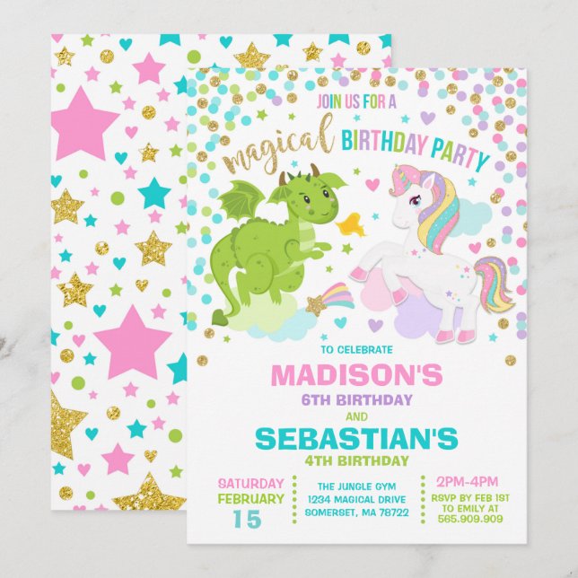 Invitation Anniversaire De L'Unicorne Et Du Dragon (Devant / Derrière)