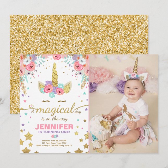 Invitation Anniversaire de l'Unicorne Pink Gold (Devant / Derrière)
