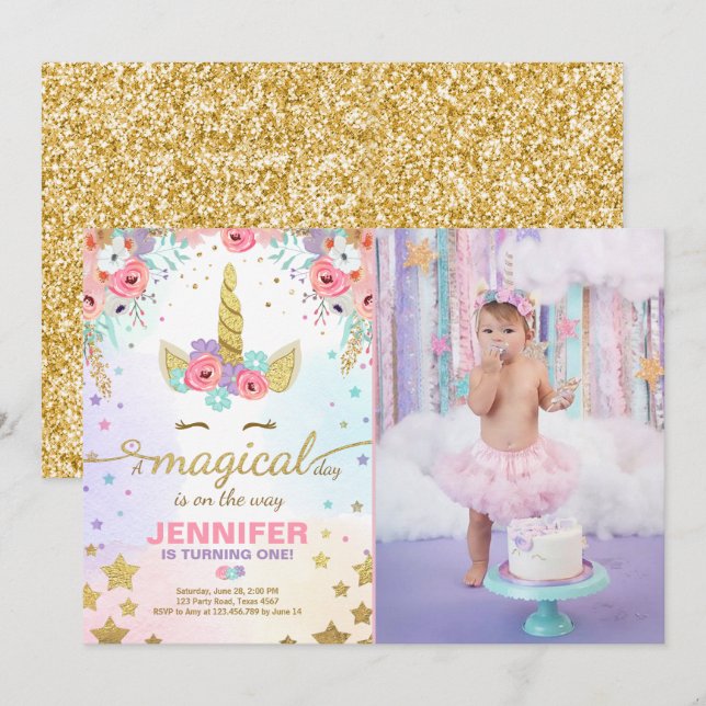 Invitation Anniversaire de l'Unicorne Pink Gold (Devant / Derrière)