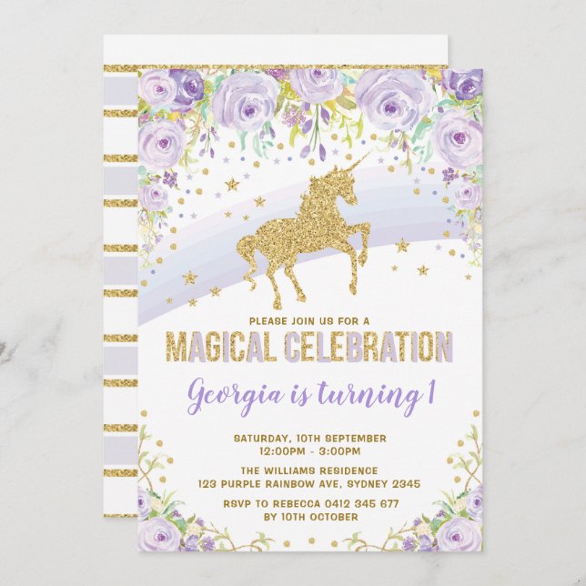 Invitation Anniversaire de l'Unicorne Purple Gold Rainbow (Devant / Derrière)