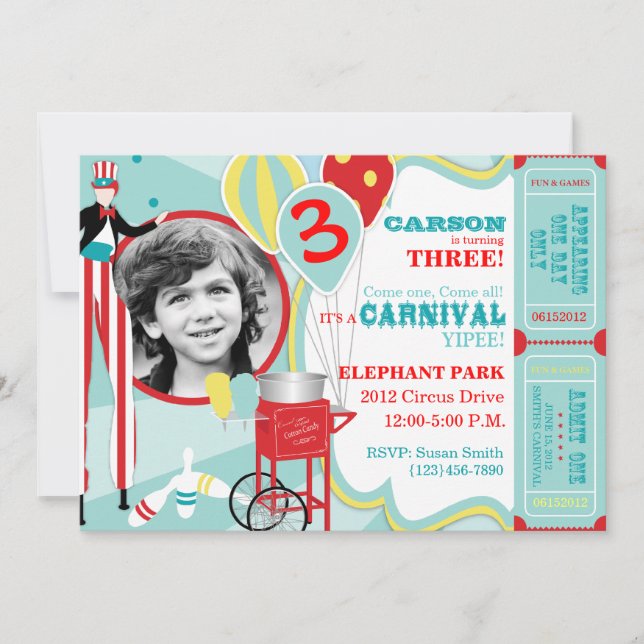Invitation Anniversaire de marcheur d'échasse de carnaval et (Devant)