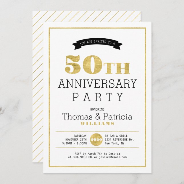 Invitation anniversaire de mariage 50 ans en Or Mo (Devant / Derrière)