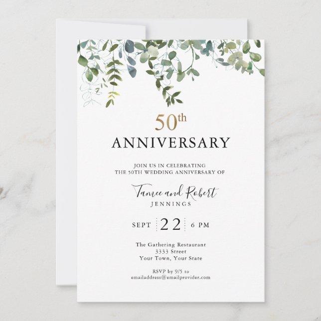 Invitation Anniversaire de mariage 50 ans Watercolor Greenery (Devant)