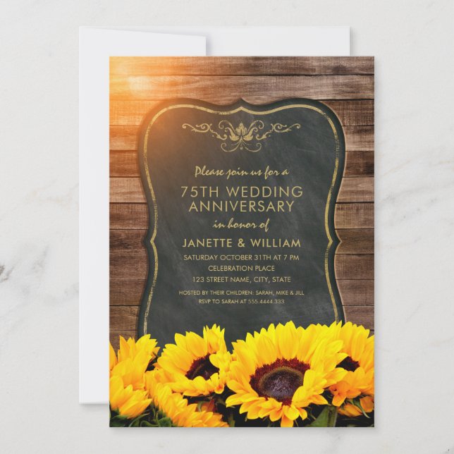 Invitation Anniversaire de mariage 75 ans Tournesol Rustique  (Devant)
