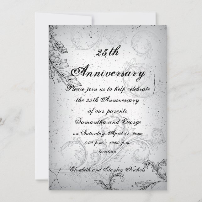 Invitation Anniversaire de mariage argent gris feuille défile (Devant)