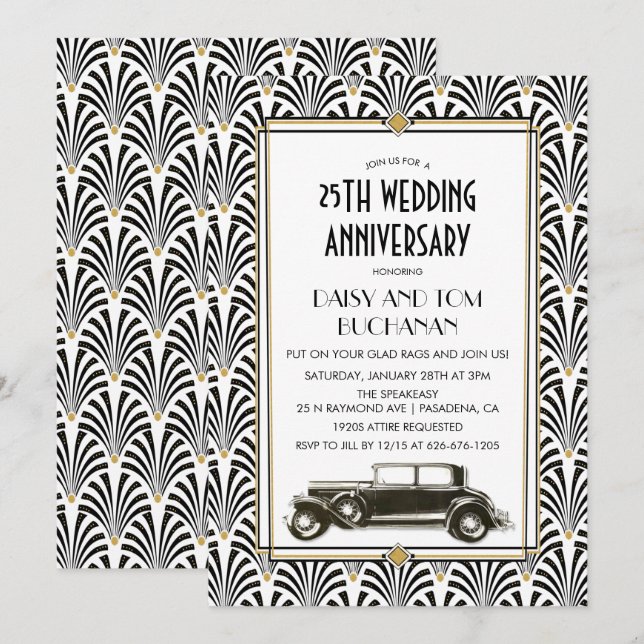 Invitation anniversaire de mariage Art Déco Gatsby (Devant / Derrière)