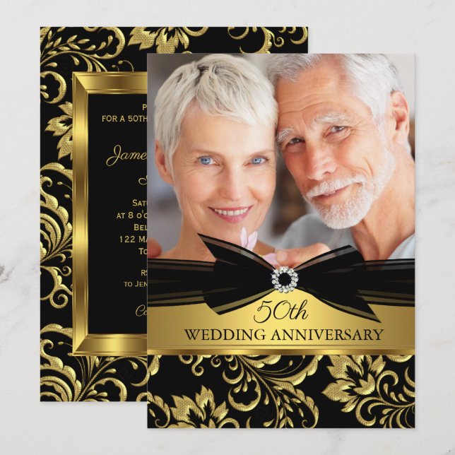Invitation Anniversaire de mariage Black Gold Damask Photo (Devant / Derrière)