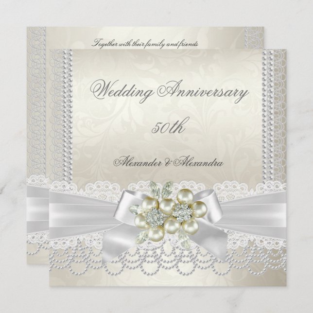 Invitation Anniversaire de mariage Crème Blanc Perle Dentelle (Devant / Derrière)