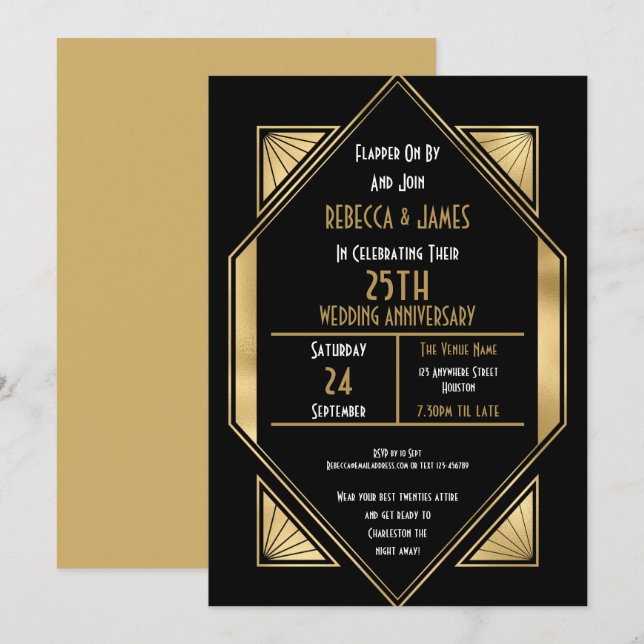 Invitation Anniversaire de mariage de 25 ans Art Déco Argent (Devant / Derrière)