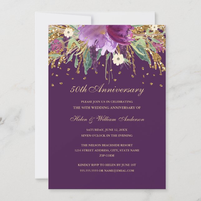 Invitation Anniversaire de mariage de 50 ans en améthyste flo (Devant)
