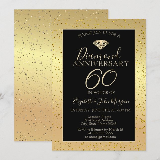 Invitation Anniversaire de mariage diamant confetti or (Devant / Derrière)
