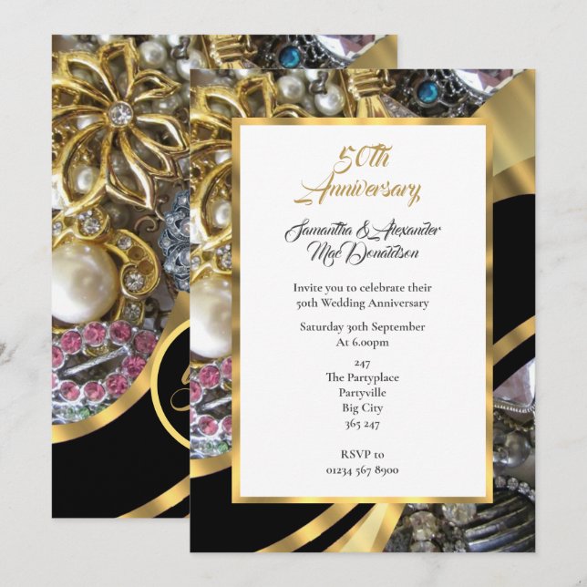 Invitation Anniversaire de mariage doré éclatant de bijoux (Devant / Derrière)