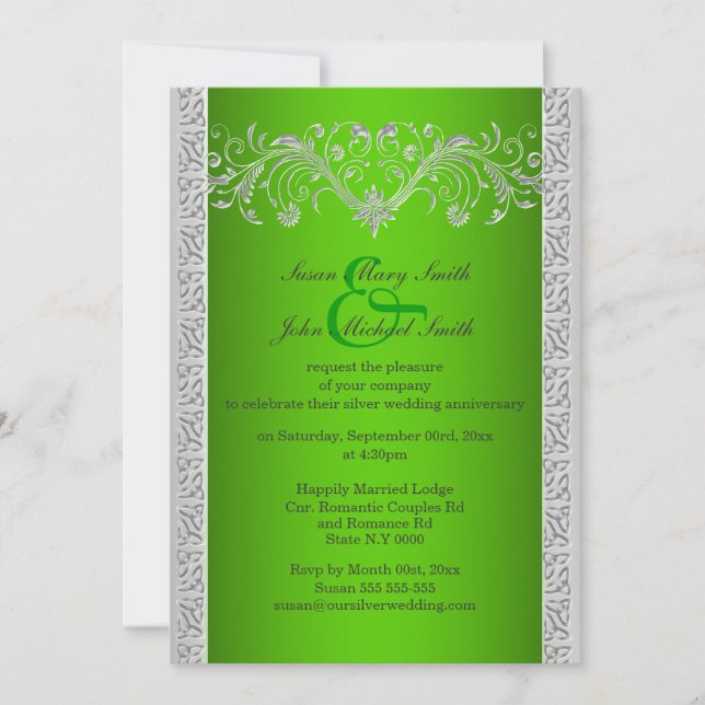 Invitation Anniversaire de mariage en argent vert floral (Devant)