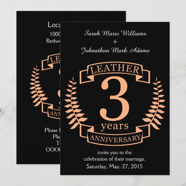 Invitation Anniversaire de mariage en cuir 3 ans (Devant / Derrière)