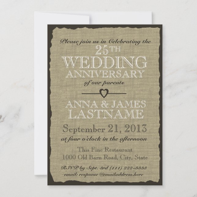 Invitation Anniversaire de mariage en toile de jute rustique (Devant)