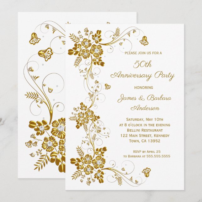 Invitation Anniversaire de mariage or diamant floral blanc (Devant / Derrière)
