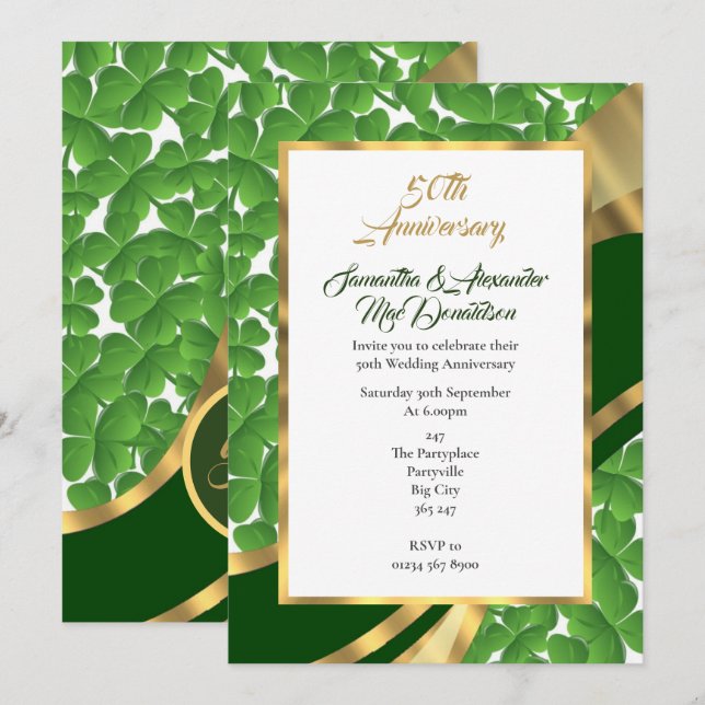 Invitation anniversaire de mariage or irlandais trèfle (Devant / Derrière)