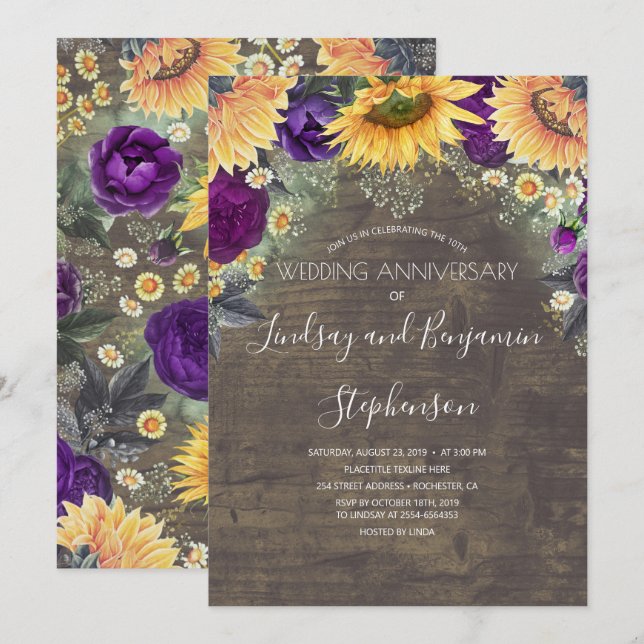 Invitation Anniversaire de mariage tournesol et rose violette (Devant / Derrière)