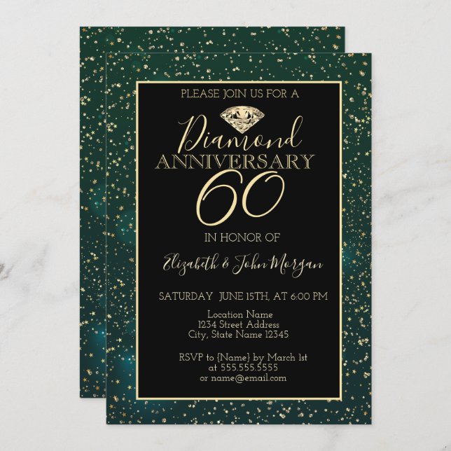 Invitation Anniversaire de mariage vert diamant confettis or (Devant / Derrière)