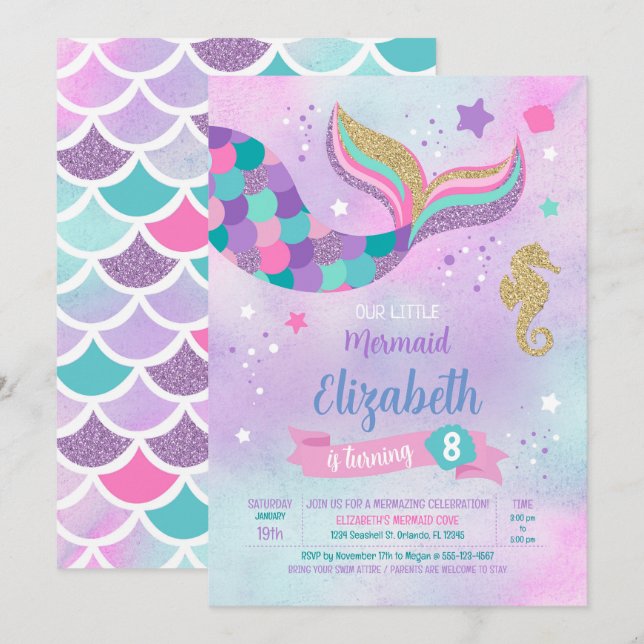 Invitation Anniversaire de Mermaid (Devant / Derrière)