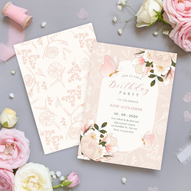 Invitation Anniversaire de motif floral rose doux (Créateur téléchargé)