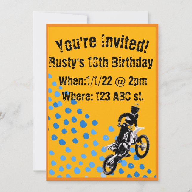 Invitation Anniversaire de motocross orange et bleu (Devant)