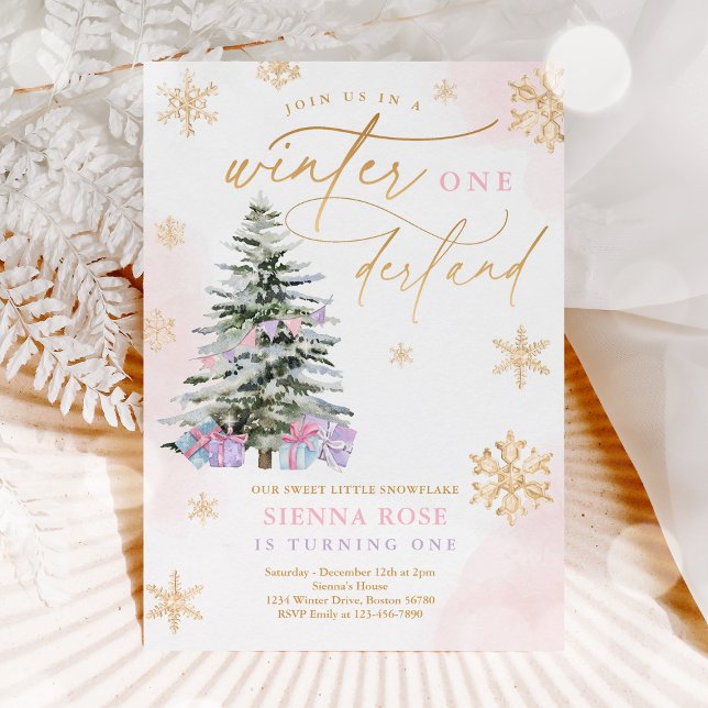 Invitation Anniversaire de Noël de l'Onederland rose et or (Créateur téléchargé)