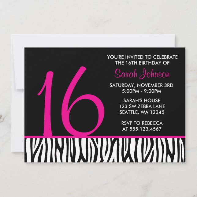 Invitation Anniversaire de nombre du bonbon 16 à zèbre de (Devant)