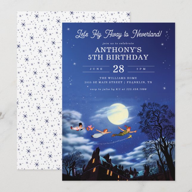 Invitation Anniversaire de Peter Pan Neverland de Disney (Devant / Derrière)