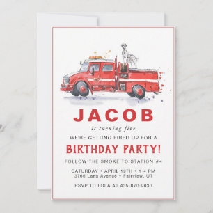Invitation Anniversaire de pompier Camion de pompiers rouge D