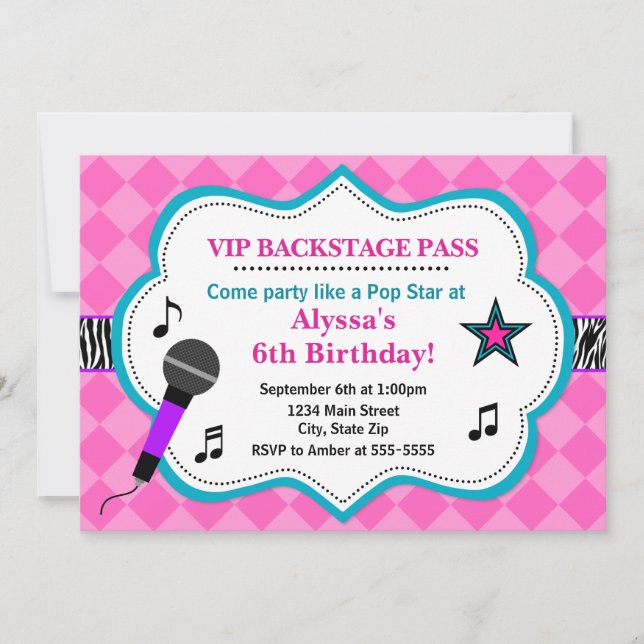 Invitation Anniversaire de pop Star Rock Star Girl (Devant)