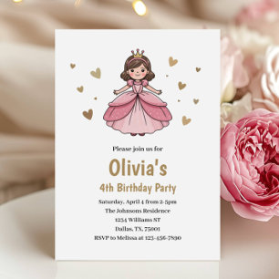 Invitation Anniversaire de Princesse Rose Doré Enfants Mignon