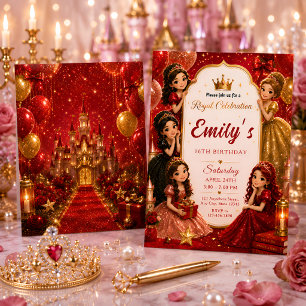 Invitation Anniversaire de Princesse Rouge et Or Luxueux