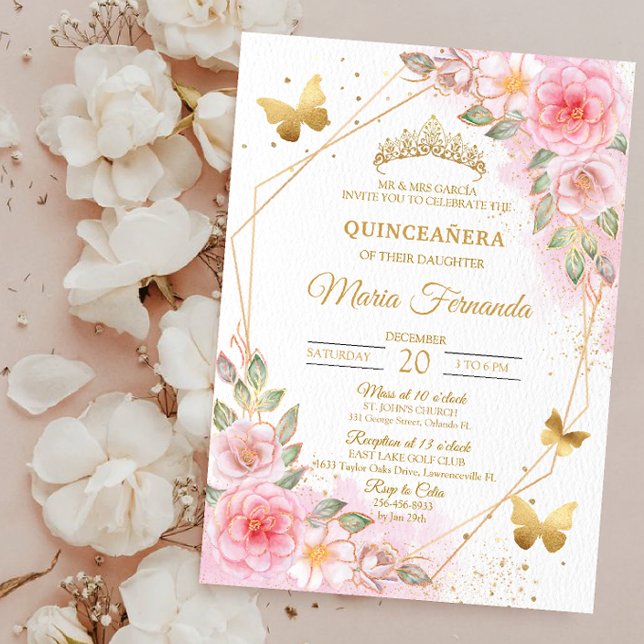 Invitation Anniversaire de Quinceañera en rose et or (Créateur téléchargé)